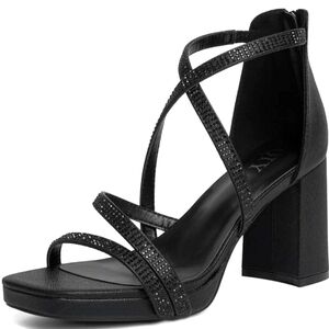 Y2K Black Sparkle Strappy Square Toe Chunky Platform Back Zip Heels Dress Shoes
